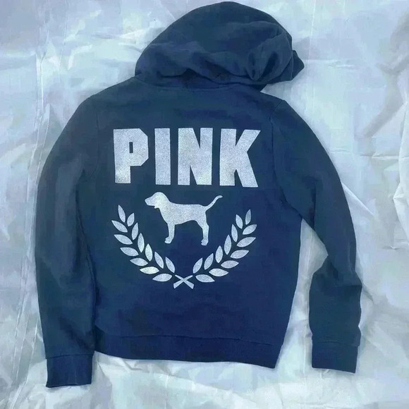 PINK Victoria Secret Zip Up Hoodie Navy with Silver Glitter Design Size L - Picture 1 of 6